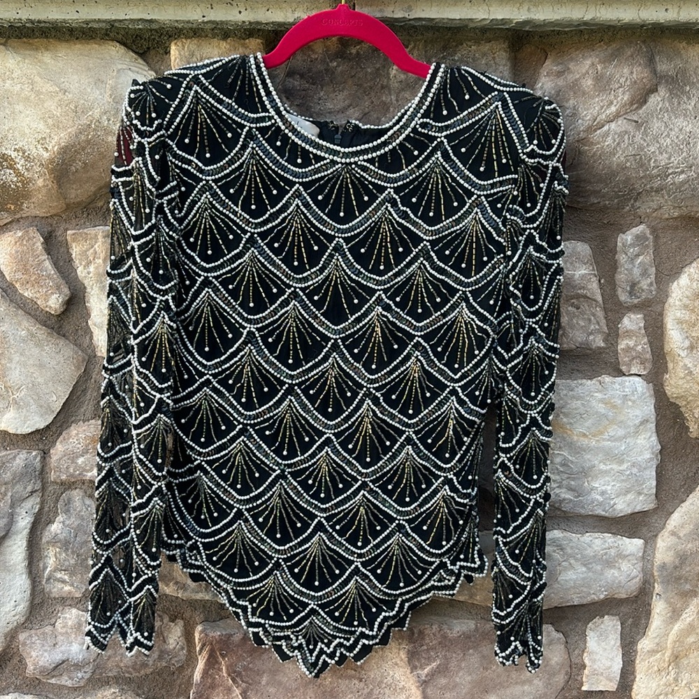 Vintage Laurence Kazar Silk Top Black Beaded Pearl White Sheer Size Small 80s